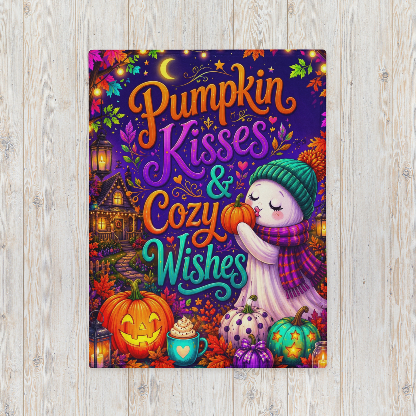 Pumpkin Kisses and Cozy Wishes Velveteen Blanket - Ghost Kissing Pumpkin with Teal Heart Mug and Cottage
