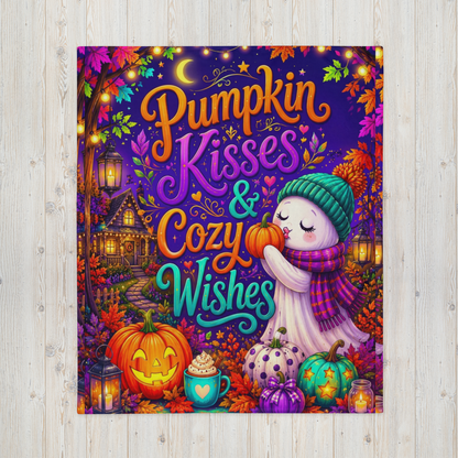 Pumpkin Kisses and Cozy Wishes Velveteen Blanket - Ghost Kissing Pumpkin with Teal Heart Mug and Cottage