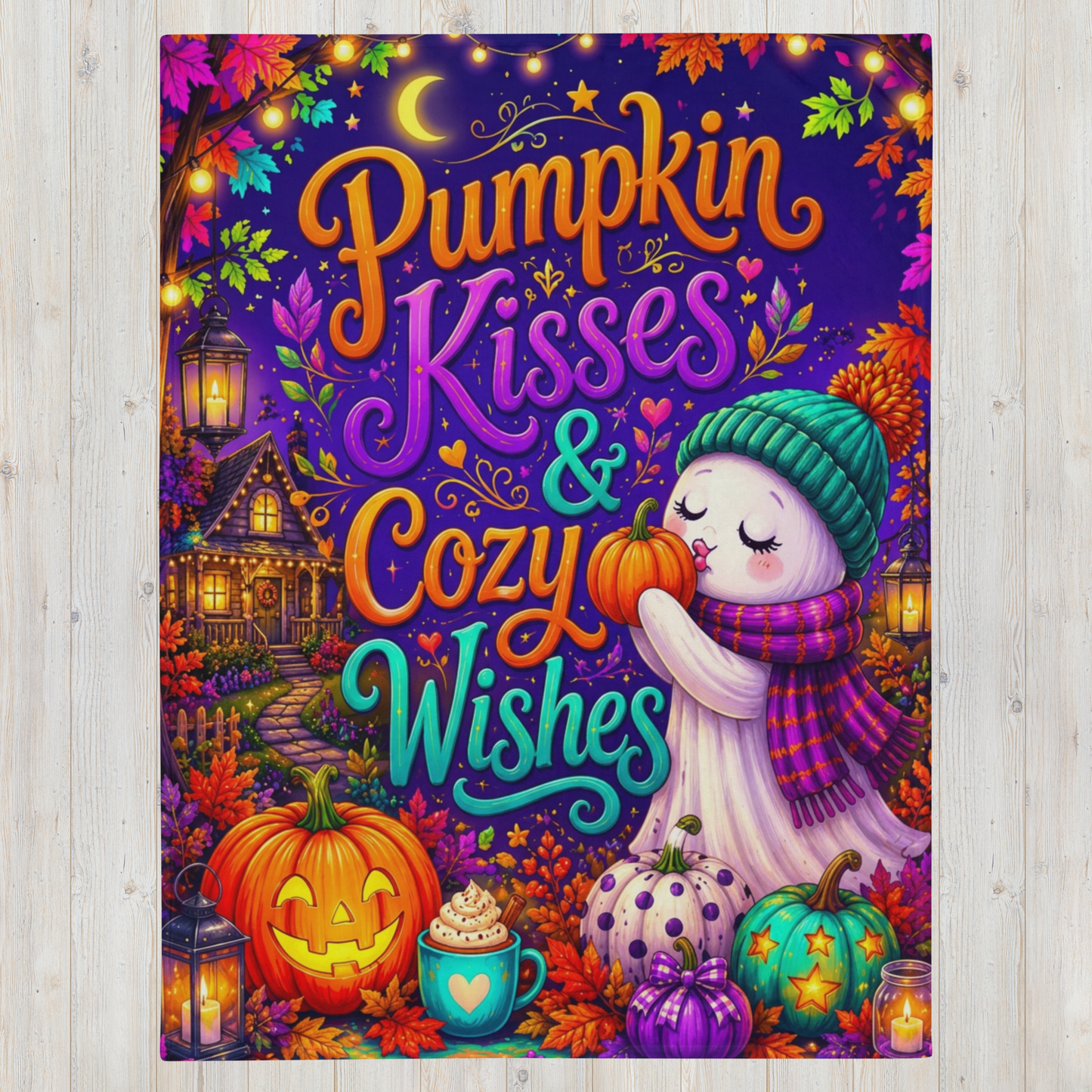 A colorful Halloween-themed blanket featuring the text 'Pumpkin Kisses & Cozy Wishes' with a ghost, pumpkins, lanterns, and autumn leaves on a purple background, shown against a light wood plank backdrop.