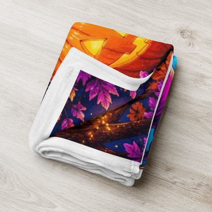 Home Is My Happy Haunt Velveteen Blanket - Ghost with House Mug and Cozy Cottage Jack-o-Lantern