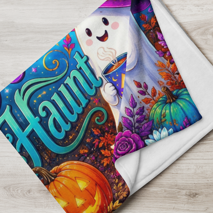 Home Is My Happy Haunt Velveteen Blanket - Ghost with House Mug and Cozy Cottage Jack-o-Lantern