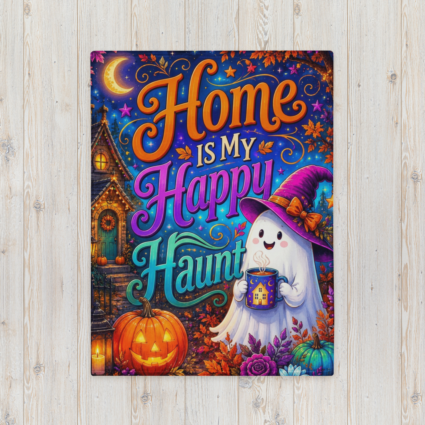 Home Is My Happy Haunt Velveteen Blanket - Ghost with House Mug and Cozy Cottage Jack-o-Lantern