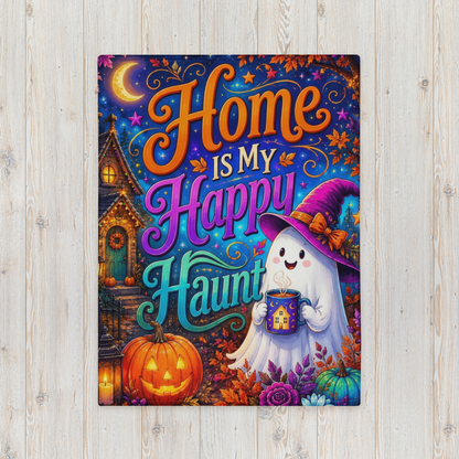 Home Is My Happy Haunt Velveteen Blanket - Ghost with House Mug and Cozy Cottage Jack-o-Lantern