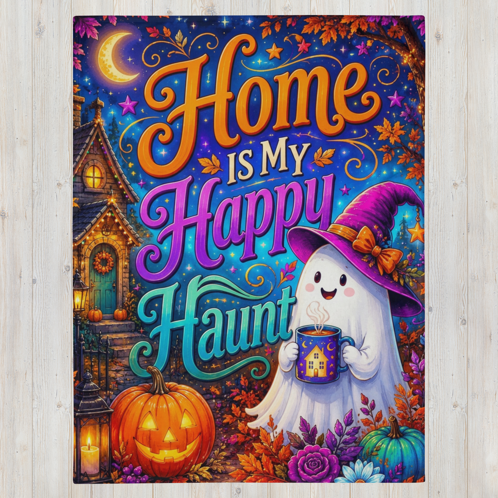 A colorful Halloween-themed decorative blanket with the phrase “Home is My Happy Haunt” in large decorative lettering. The artwork shows a smiling ghost in a purple witch hat holding a mug, a jack-o'-lantern, flowers, autumn leaves, a haunted house, and a crescent moon on a light wood background.