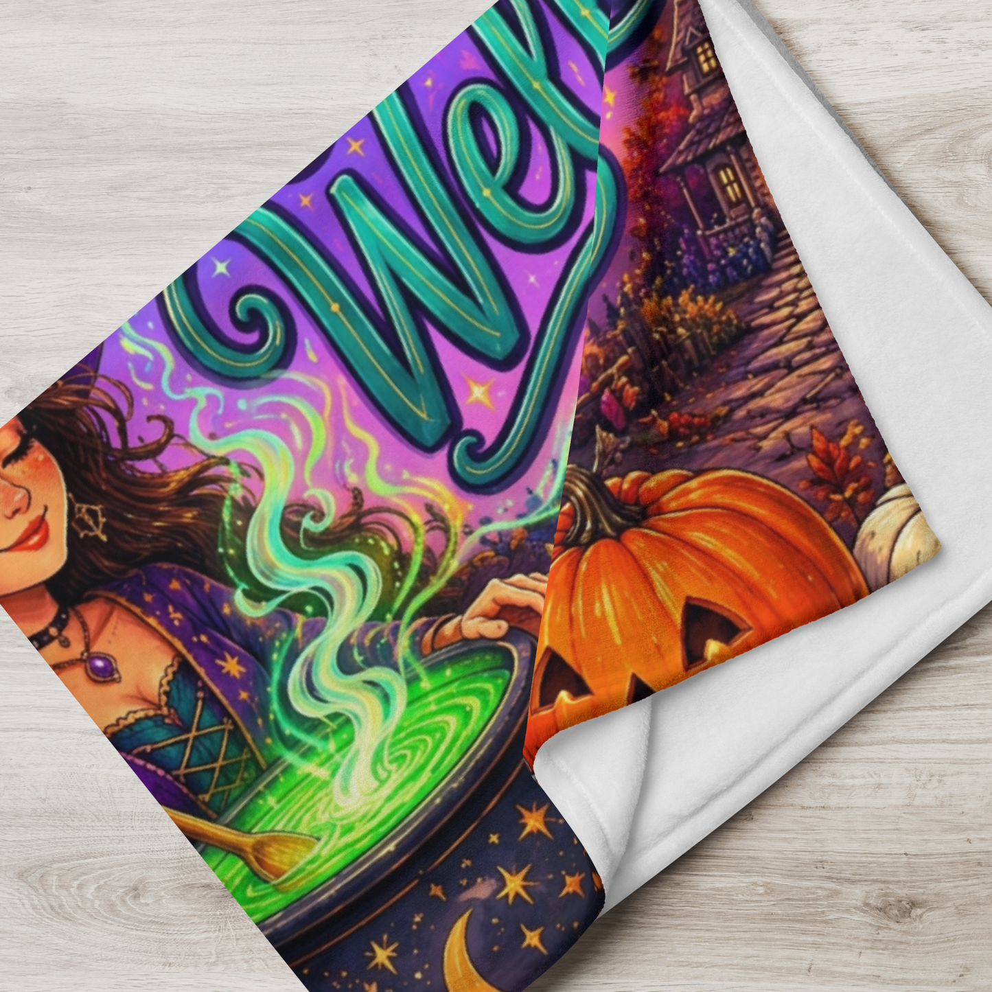 Witching You Well Velveteen Blanket - Witch Stirring Glowing Cauldron with Potion Bottle and Lanterns