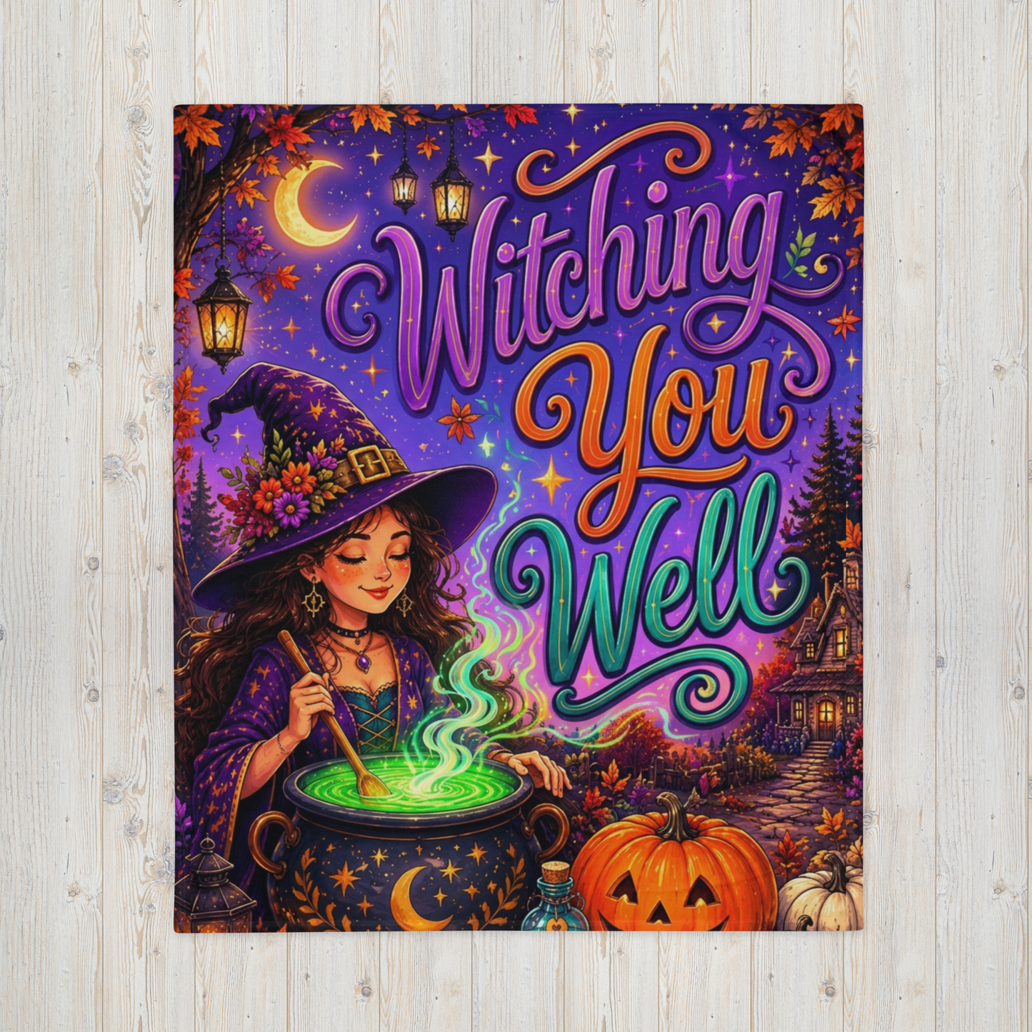 Witching You Well Velveteen Blanket - Witch Stirring Glowing Cauldron with Potion Bottle and Lanterns