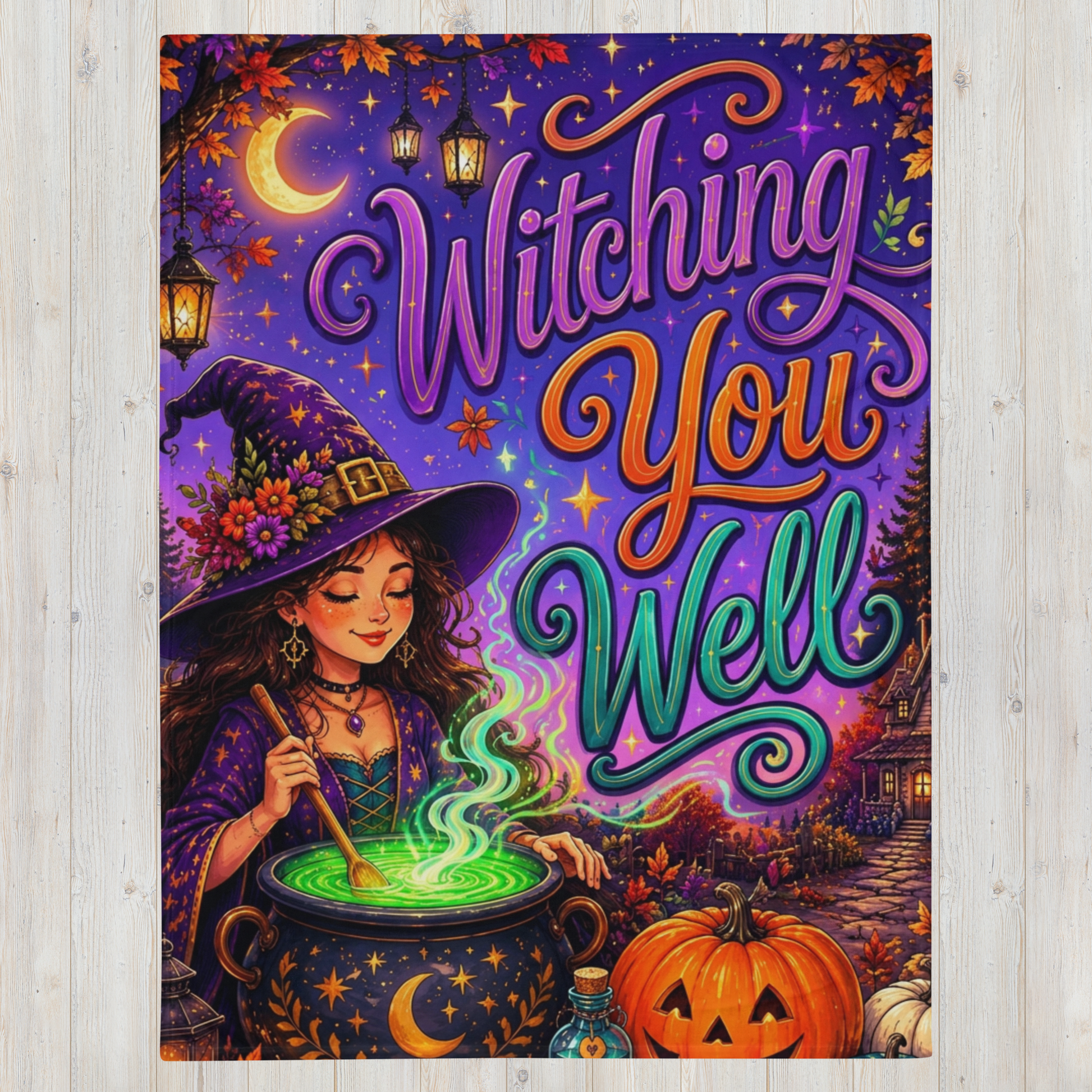 A vertical Halloween blankett with the phrase 'Witching You Well' in large purple, orange, and teal lettering. The illustration shows a witch in a purple hat stirring a glowing green cauldron, with a pumpkin, bottle, lanterns, and autumn leaves against a purple night sky.