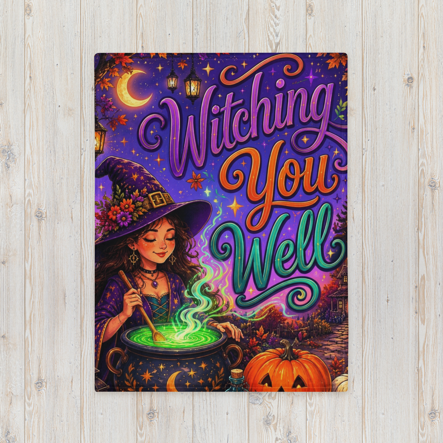 Witching You Well Velveteen Blanket - Witch Stirring Glowing Cauldron with Potion Bottle and Lanterns