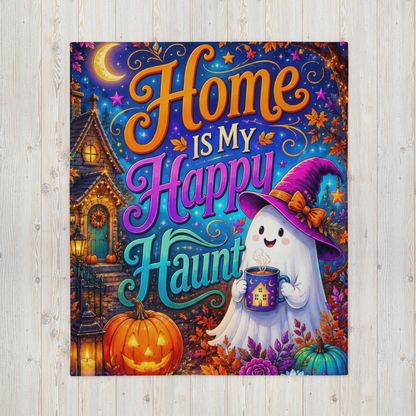 Home Is My Happy Haunt Velveteen Blanket - Ghost with House Mug and Cozy Cottage Jack-o-Lantern