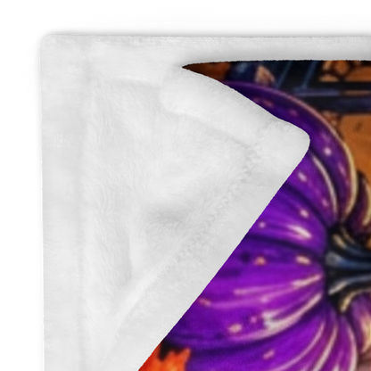 Fall Into Joy Velveteen Blanket - Ghost with Arms Raised in Delight with Pumpkins and Cozy Cottage
