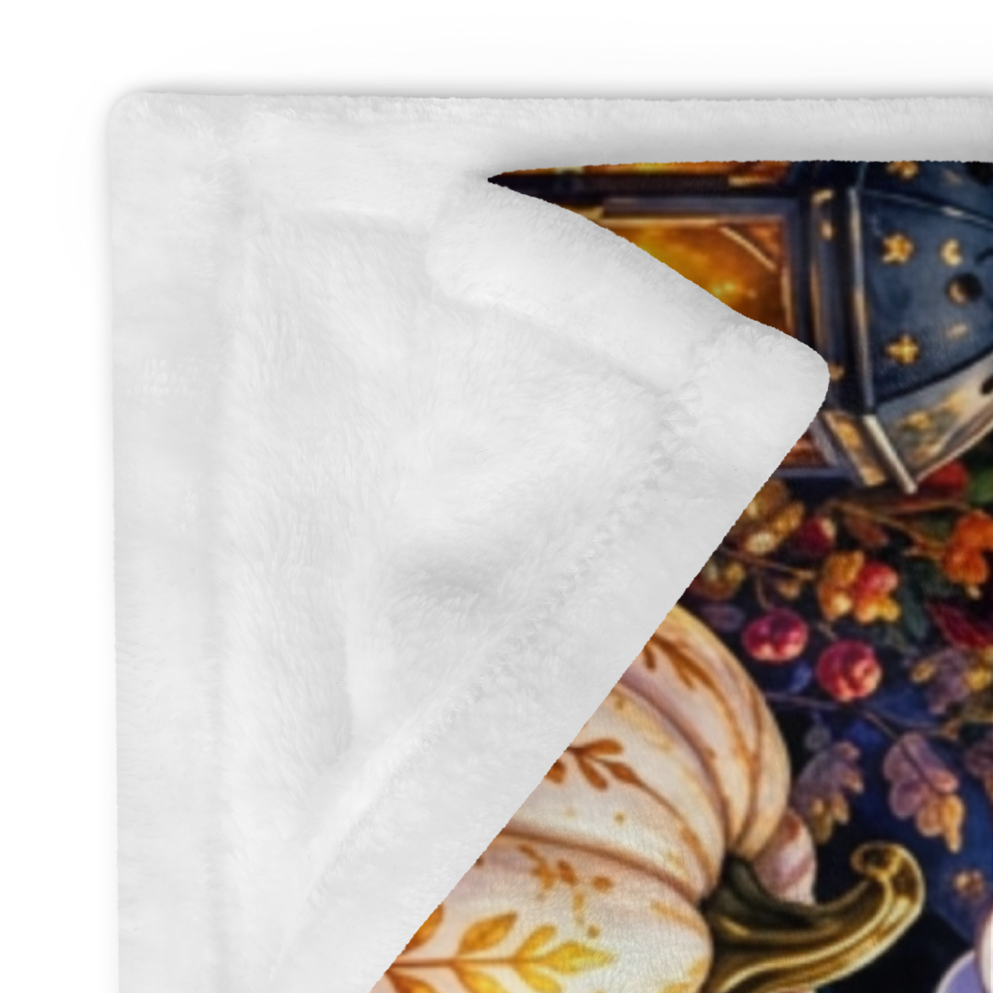 Fall Into Joy Velveteen Blanket - Ghost with Arms Raised in Delight with Pumpkins and Cozy Cottage
