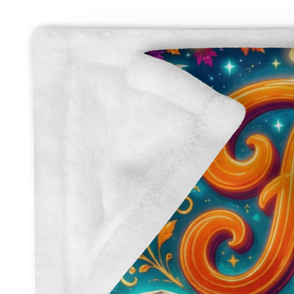 Fall Into Joy Velveteen Blanket - Ghost with Arms Raised in Delight with Pumpkins and Cozy Cottage