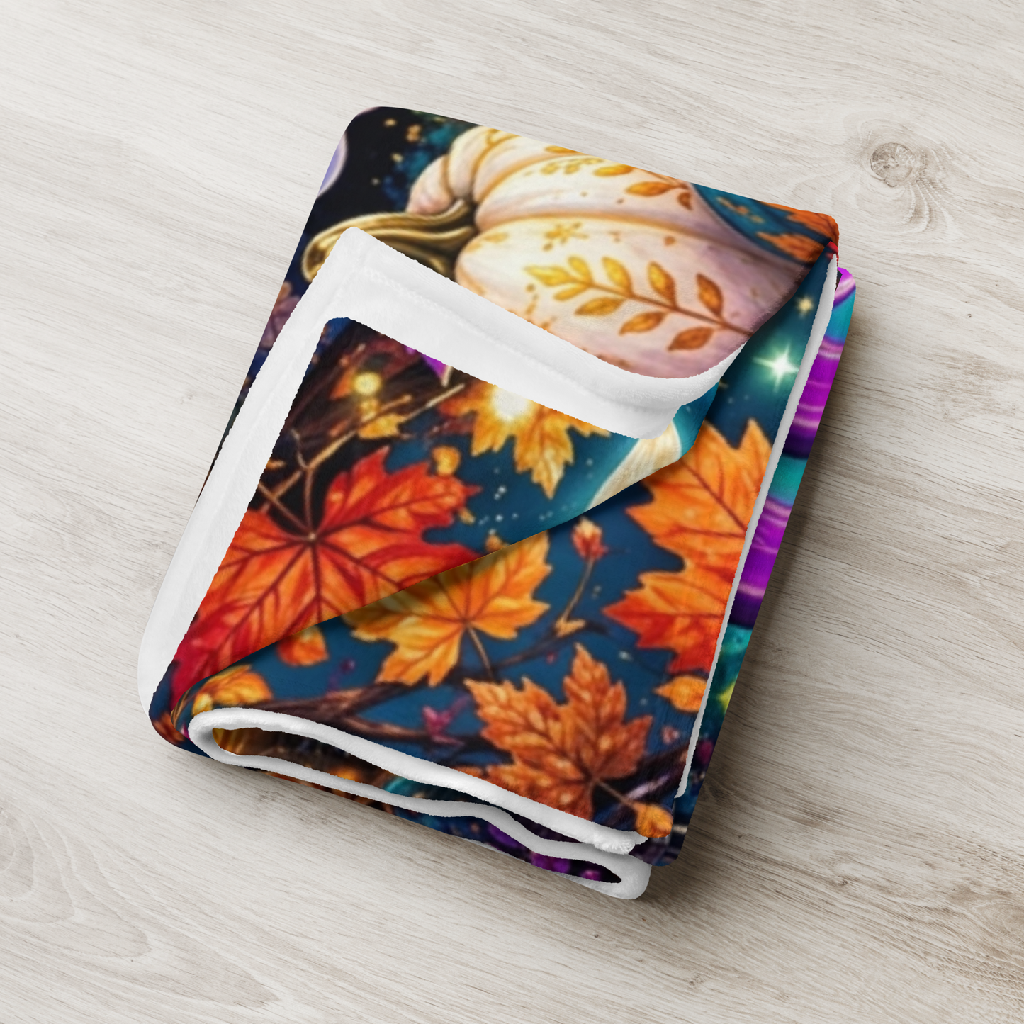 Fall Into Joy Velveteen Blanket - Ghost with Arms Raised in Delight with Pumpkins and Cozy Cottage