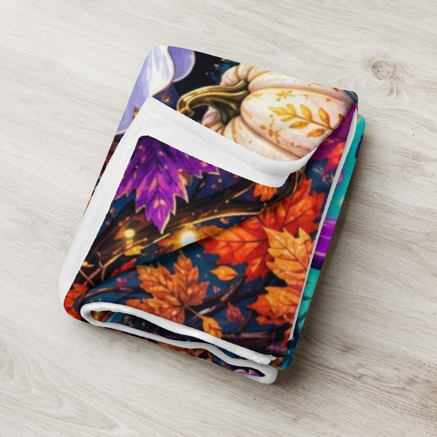 Fall Into Joy Velveteen Blanket - Ghost with Arms Raised in Delight with Pumpkins and Cozy Cottage