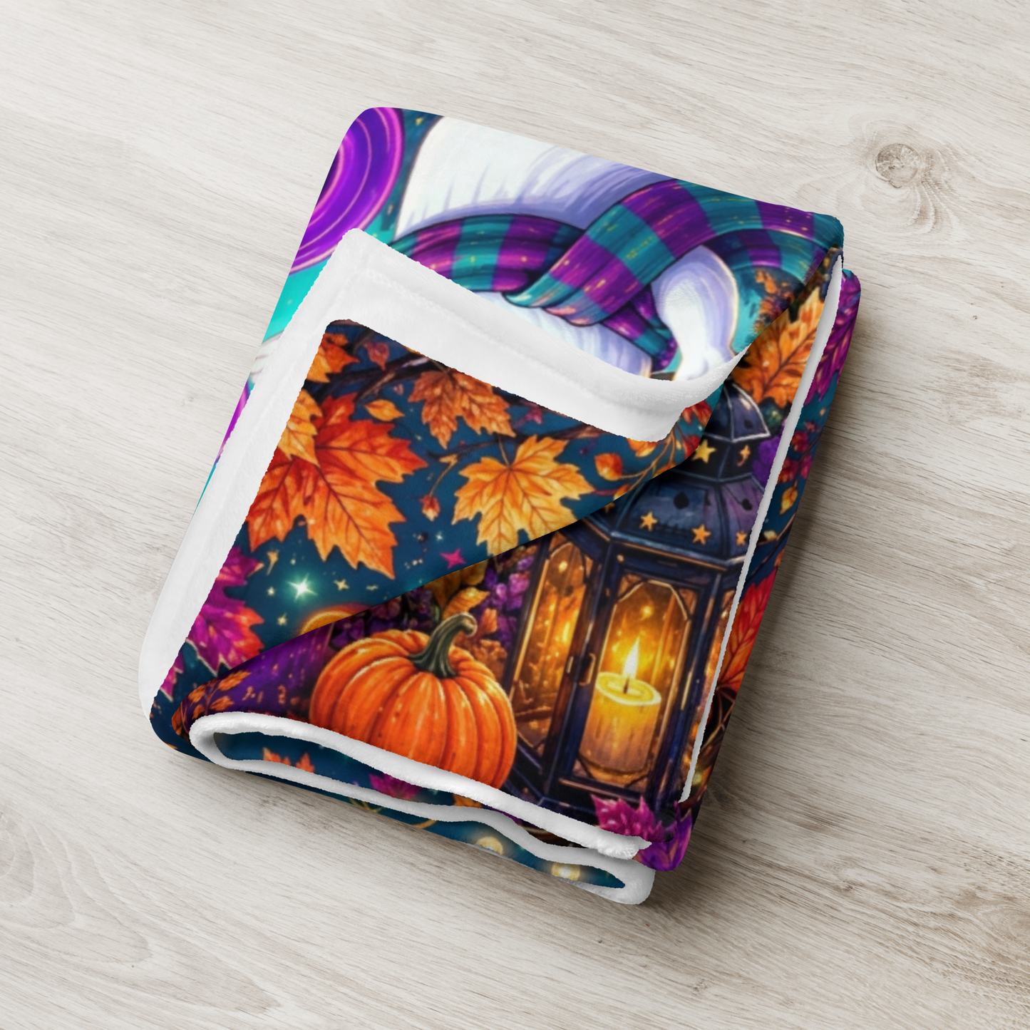 Fall Into Joy Velveteen Blanket - Ghost with Arms Raised in Delight with Pumpkins and Cozy Cottage
