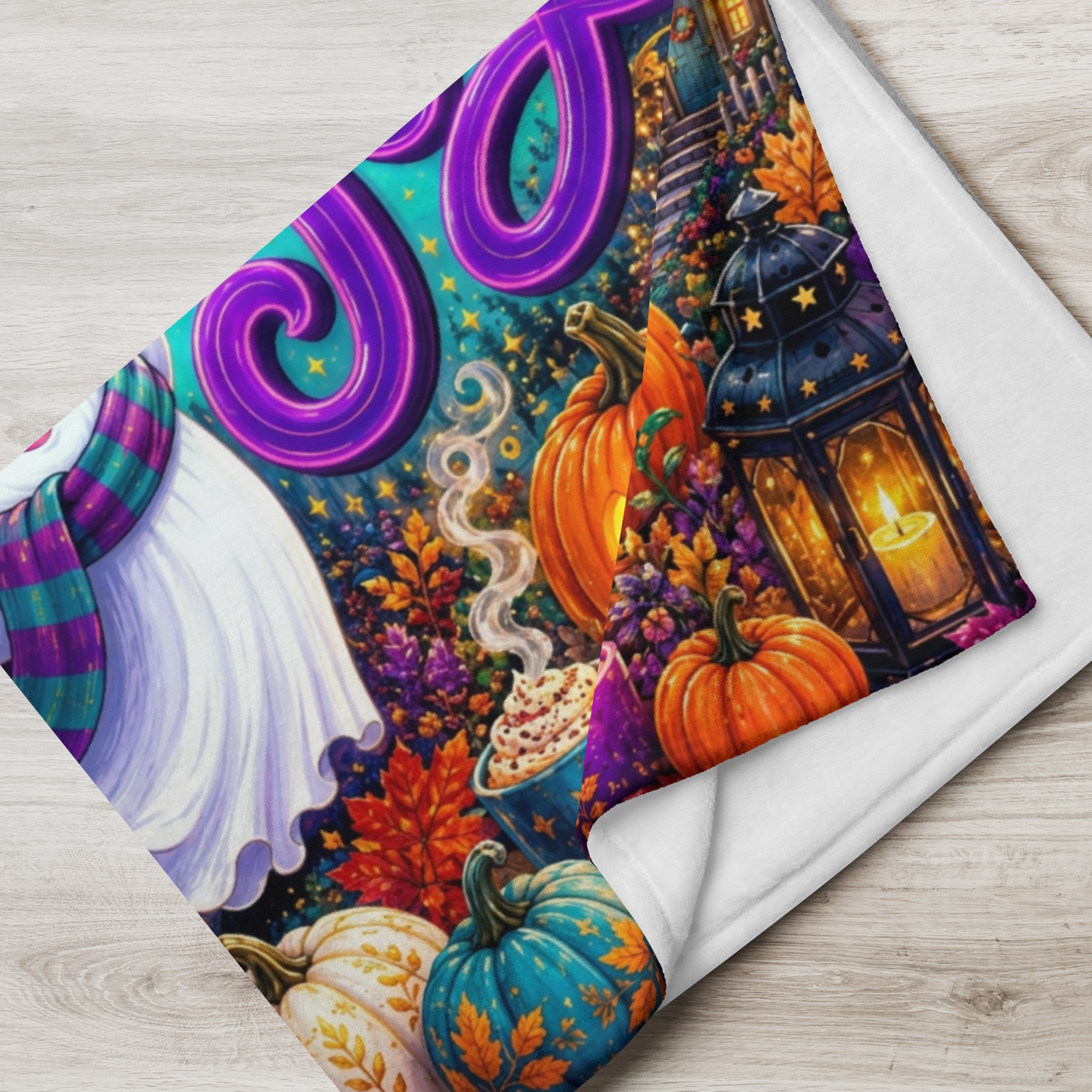 Fall Into Joy Velveteen Blanket - Ghost with Arms Raised in Delight with Pumpkins and Cozy Cottage