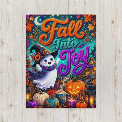 Fall Into Joy Velveteen Blanket - Ghost with Arms Raised in Delight with Pumpkins and Cozy Cottage