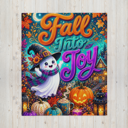 Fall Into Joy Velveteen Blanket - Ghost with Arms Raised in Delight with Pumpkins and Cozy Cottage