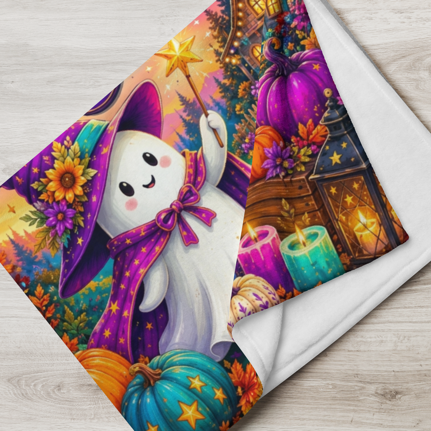 Kindness Is Magic Velveteen Blanket - Ghost with Star Wand and Be Kind Spread Joy Make Magic Sign