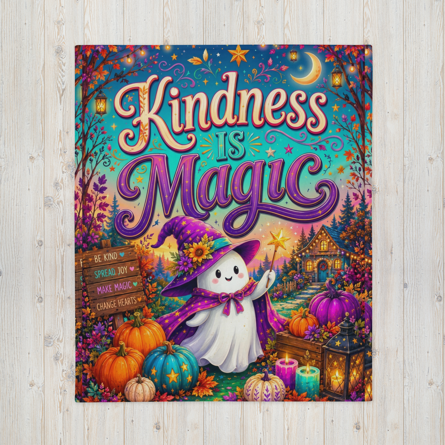 Kindness Is Magic Velveteen Blanket - Ghost with Star Wand and Be Kind Spread Joy Make Magic Sign