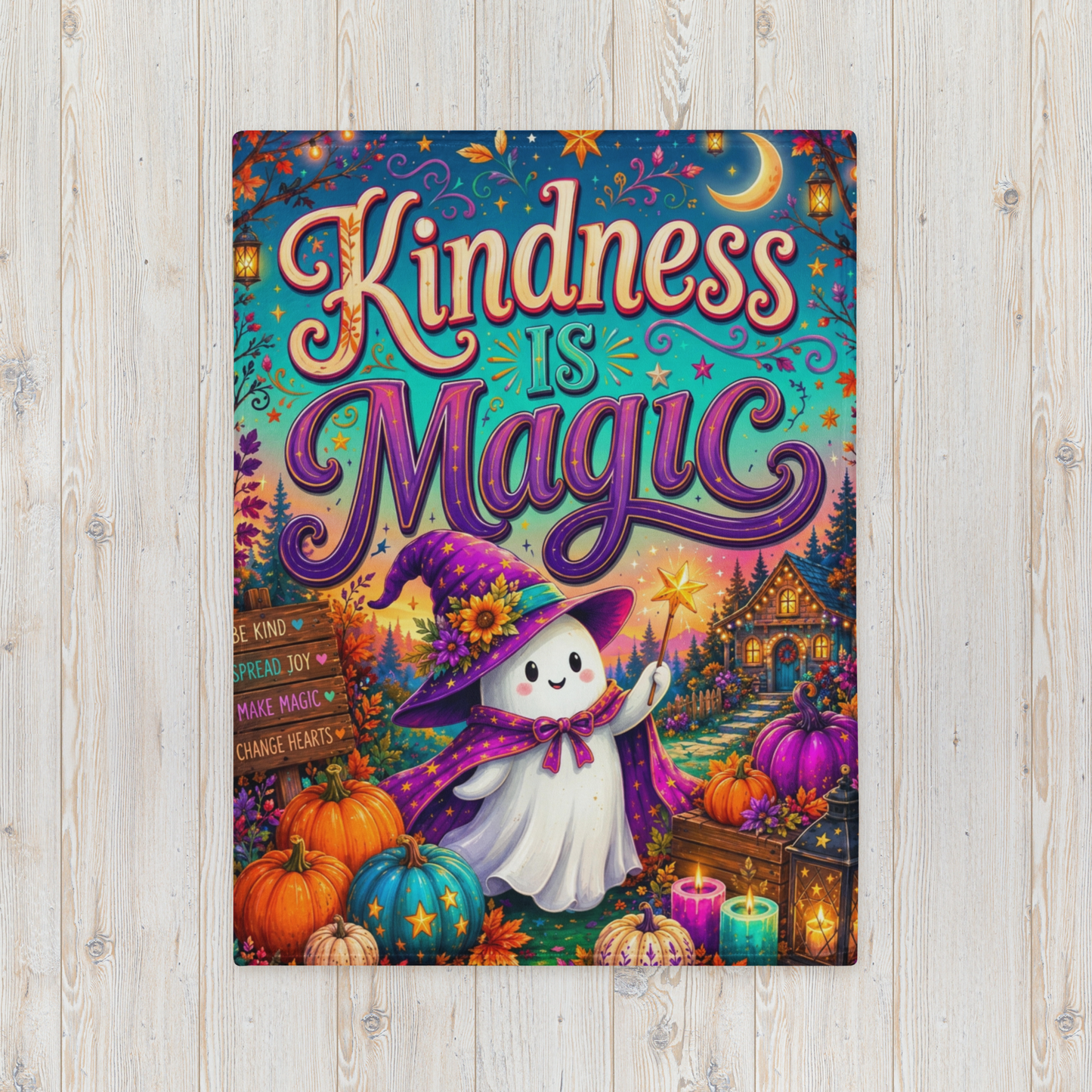 Kindness Is Magic Velveteen Blanket - Ghost with Star Wand and Be Kind Spread Joy Make Magic Sign