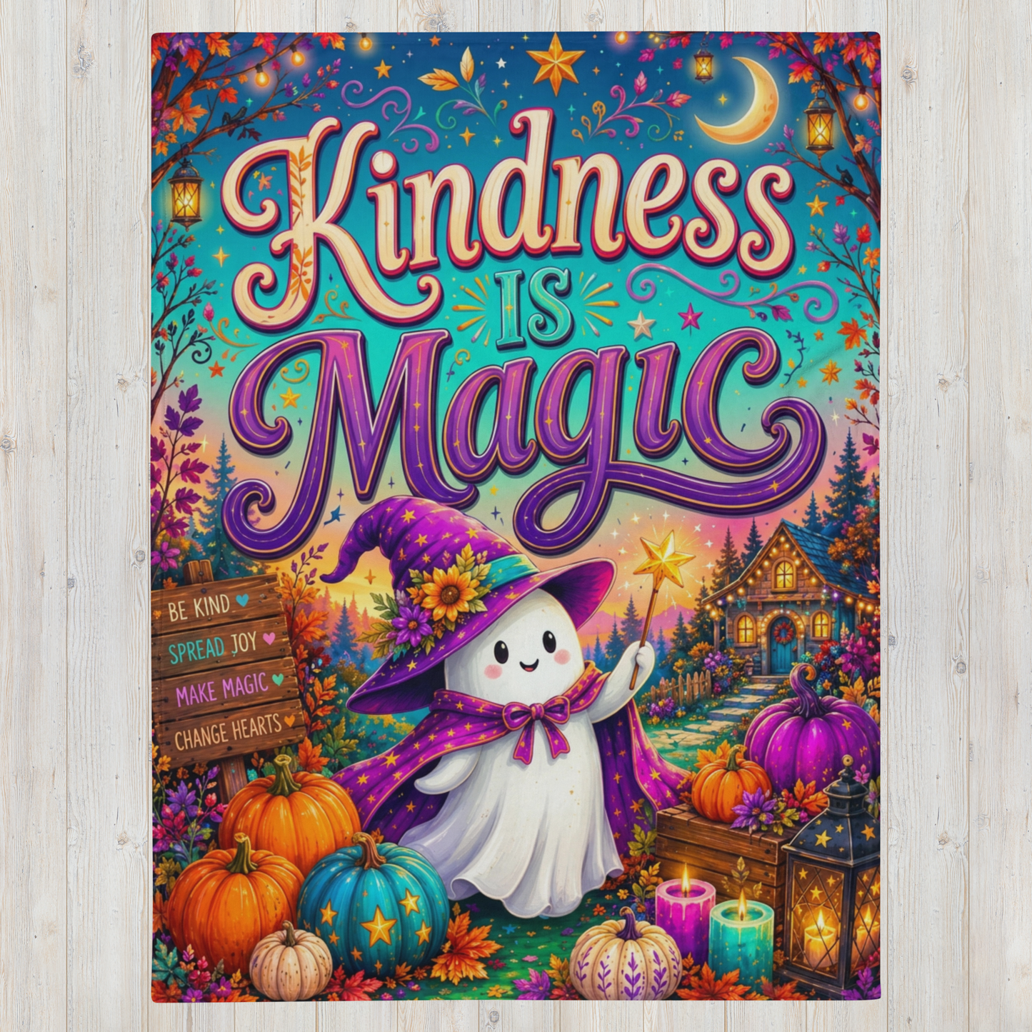 A Halloween blanket featuring the phrase “Kindness is Magic” in large stylized lettering above a whimsical Halloween scene. The artwork shows a smiling white ghost in a purple witch hat and cape, surrounded by pumpkins, candles, lanterns, autumn leaves, and a cozy house.