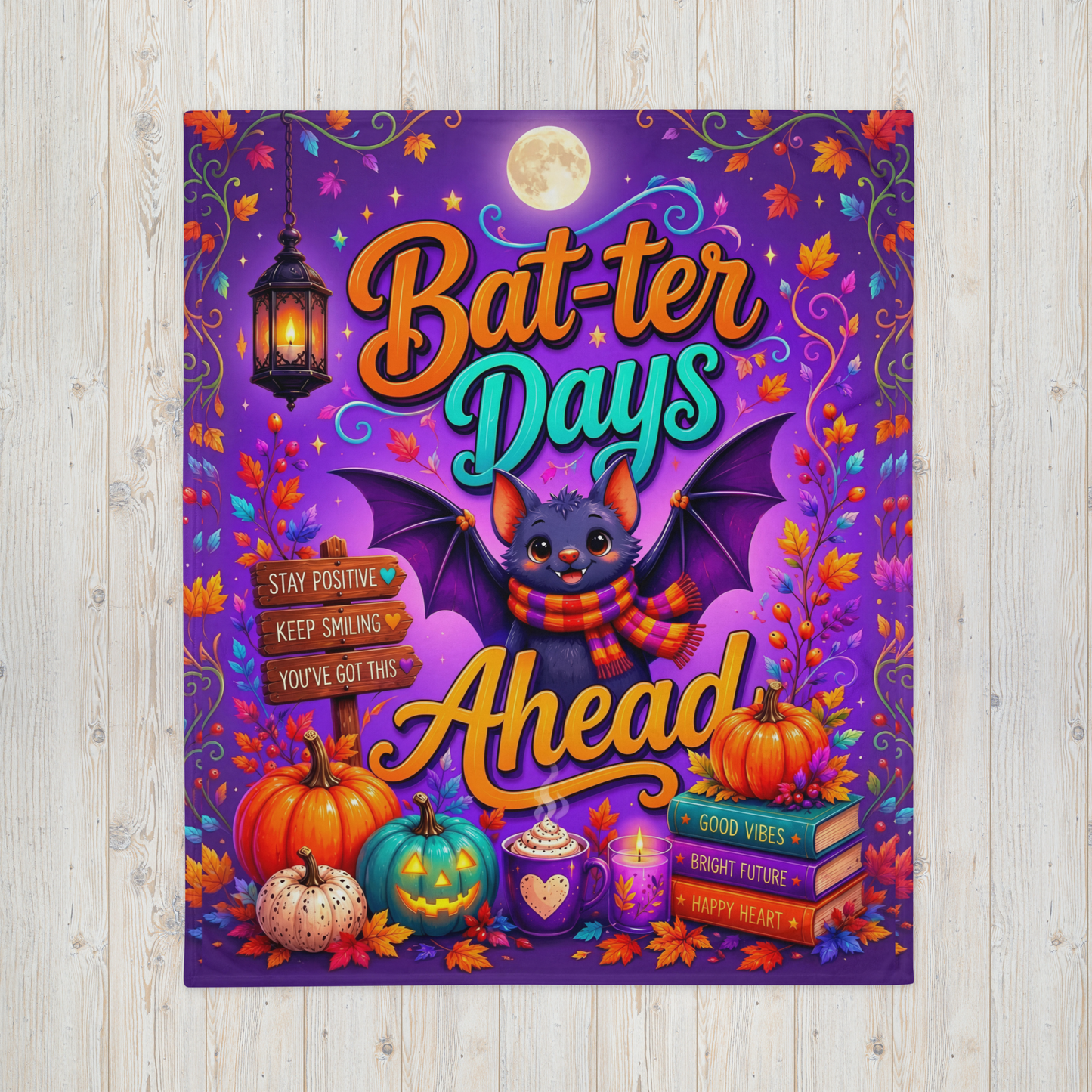 Bat-ter Days Ahead Velveteen Blanket - Bat with Stay Positive You've Got This Sign and Good Vibes Books