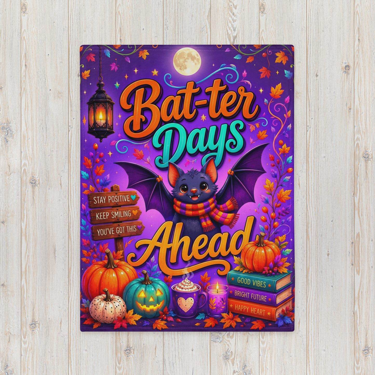 Bat-ter Days Ahead Velveteen Blanket - Bat with Stay Positive You've Got This Sign and Good Vibes Books