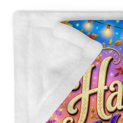 Harvesting Happiness Velveteen Blanket - Ghost with Pumpkin Basket and Be Grateful Find Joy Spread Kindness Sign