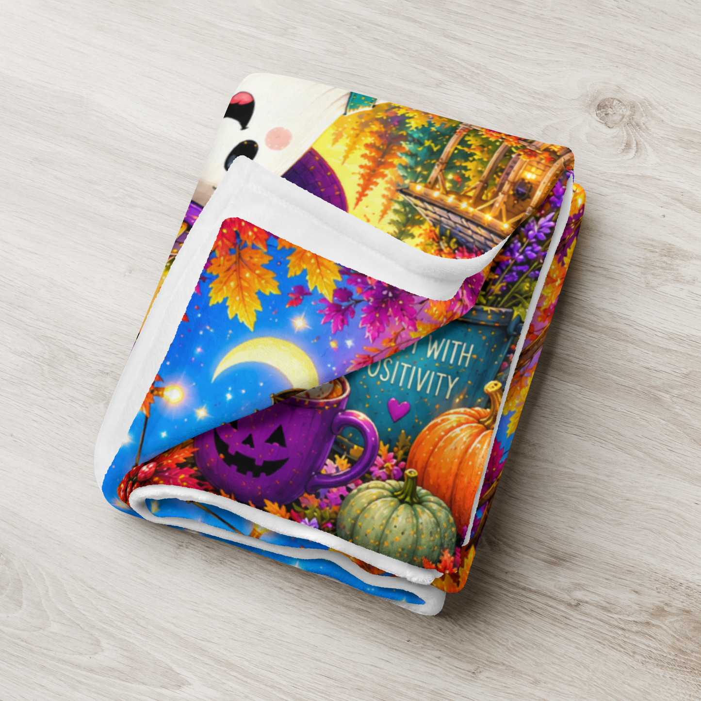 Harvesting Happiness Velveteen Blanket - Ghost with Pumpkin Basket and Be Grateful Find Joy Spread Kindness Sign