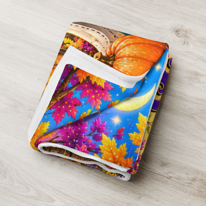 Harvesting Happiness Velveteen Blanket - Ghost with Pumpkin Basket and Be Grateful Find Joy Spread Kindness Sign