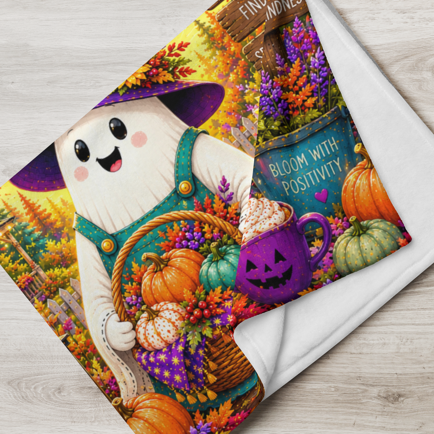 Harvesting Happiness Velveteen Blanket - Ghost with Pumpkin Basket and Be Grateful Find Joy Spread Kindness Sign