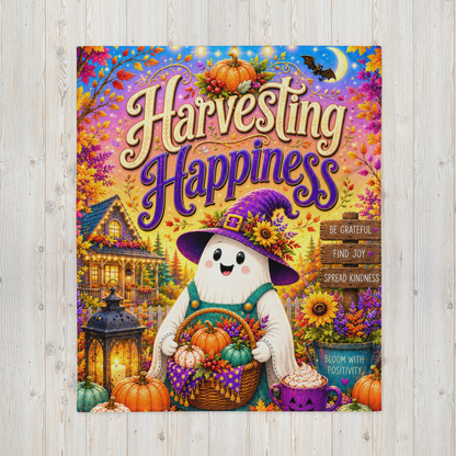 Harvesting Happiness Velveteen Blanket - Ghost with Pumpkin Basket and Be Grateful Find Joy Spread Kindness Sign