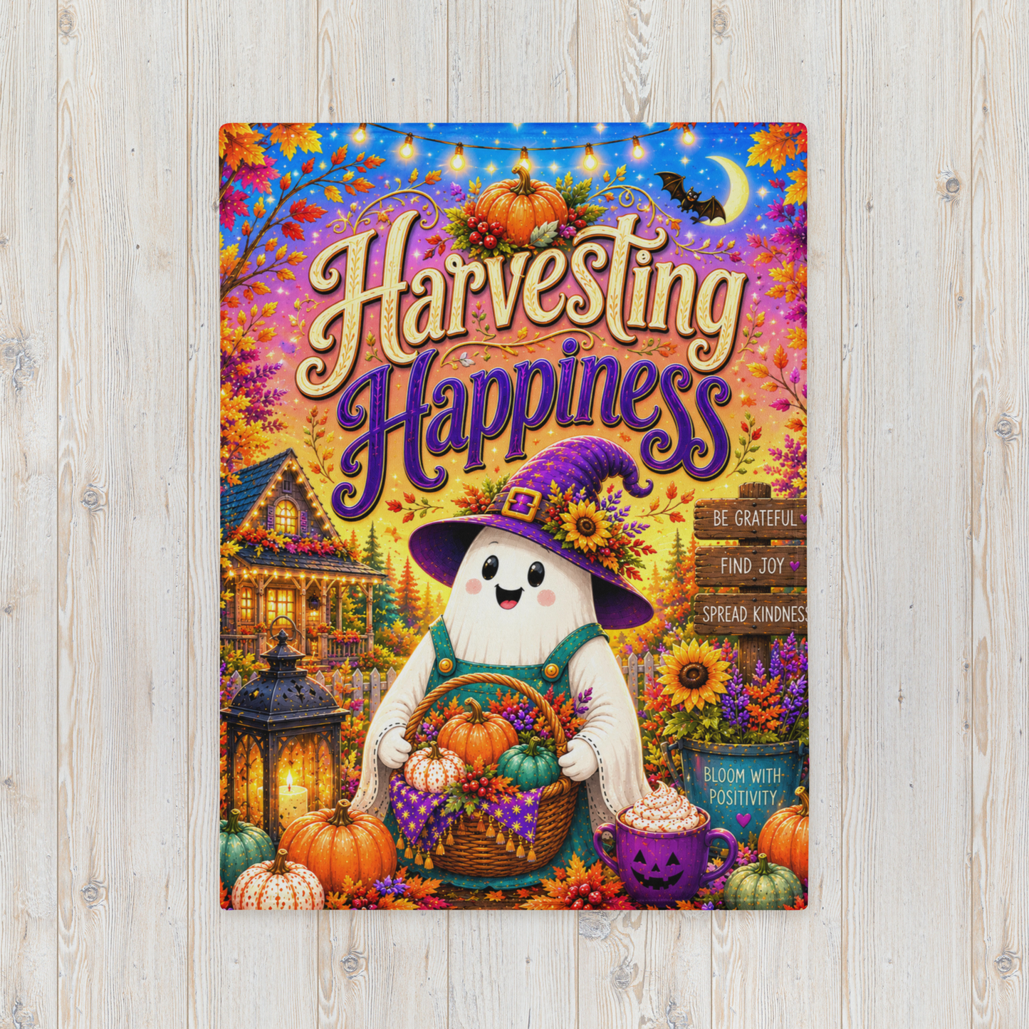 Harvesting Happiness Velveteen Blanket - Ghost with Pumpkin Basket and Be Grateful Find Joy Spread Kindness Sign