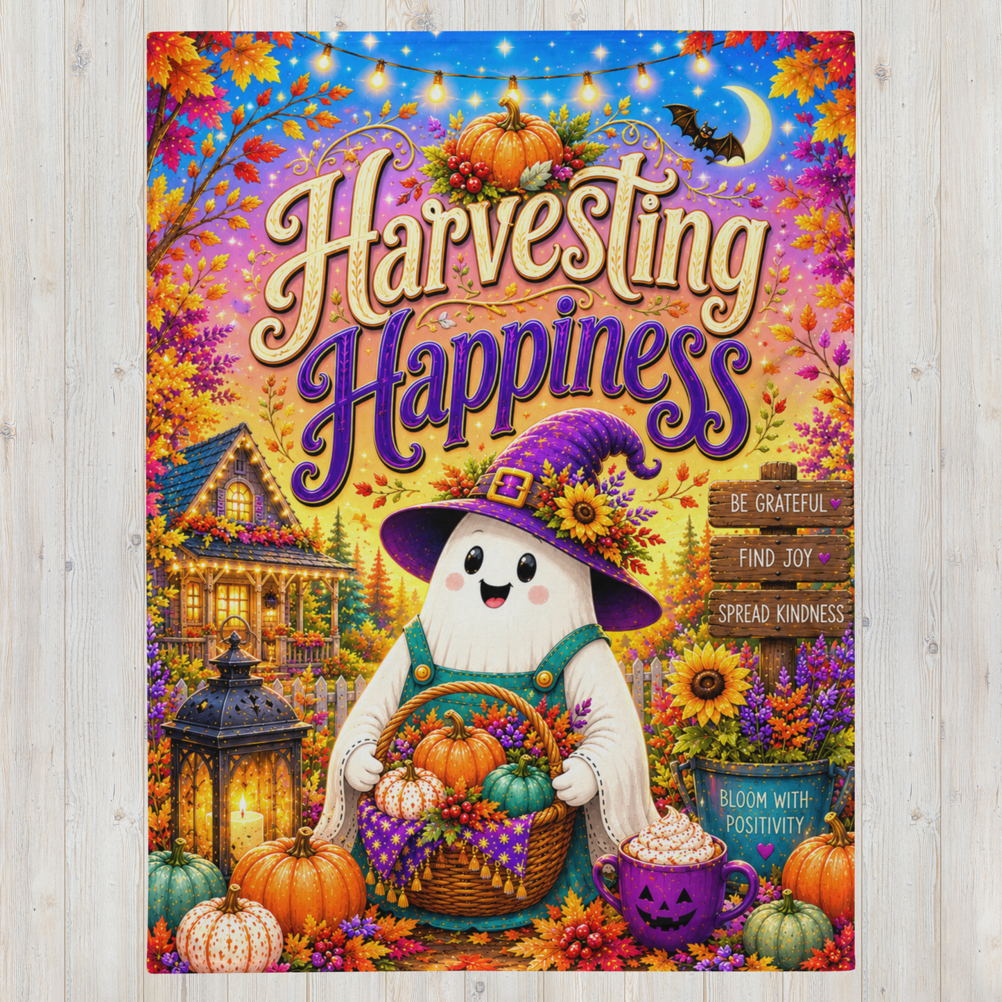 A colorful autumn-themed blanket with the words 'Harvesting Happiness' in large decorative lettering. The illustration shows a smiling ghost in a purple witch hat holding a basket of pumpkins and gourds, surrounded by fall leaves, a house, lanterns, and a mug.