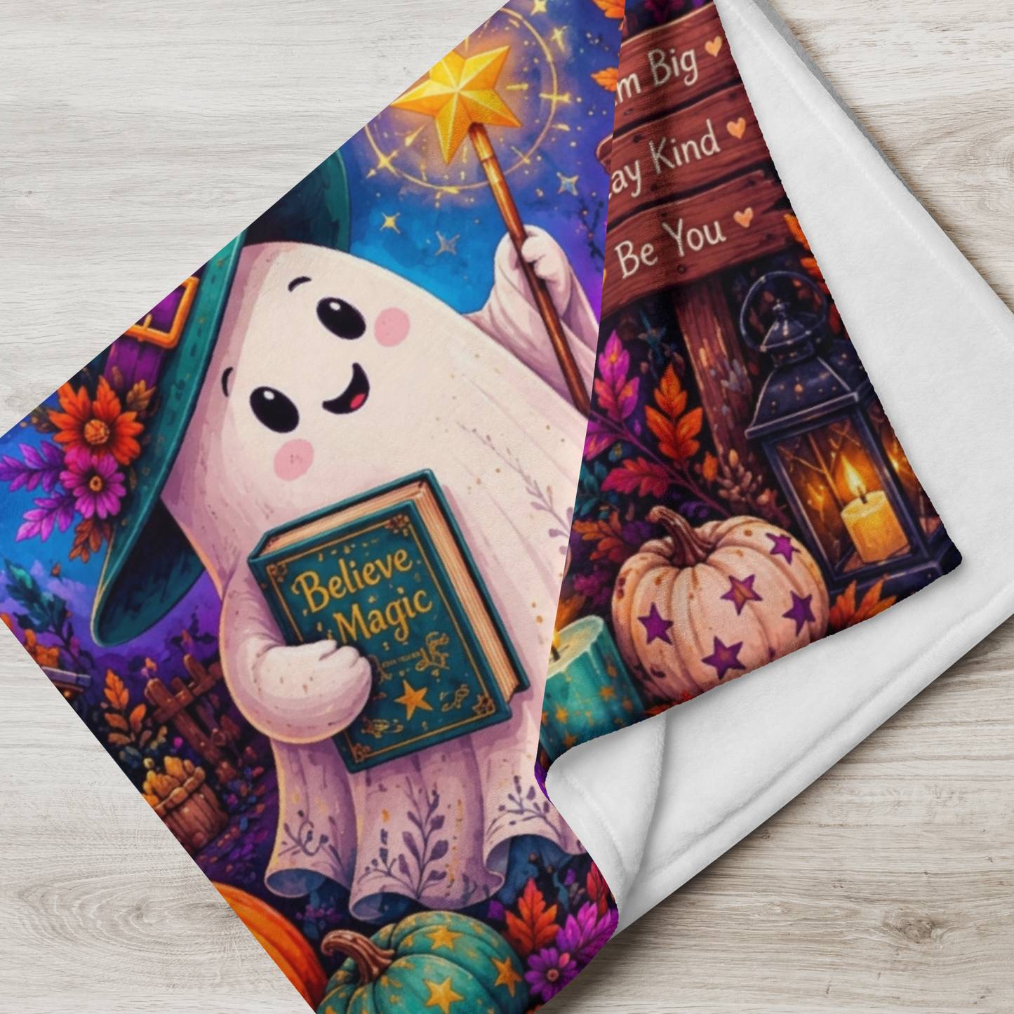 Boo-lieve in Yourself Velveteen Blanket - Ghost with Star Wand and Believe in Magic Book Dream Big Sign