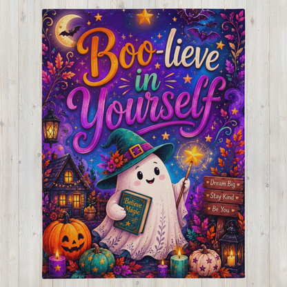A vertical Halloween-themed blanket featuring the phrase 'Boo-lieve in Yourself' in large decorative lettering. The artwork shows a smiling ghost character in a witch hat holding a glowing wand, surrounded by pumpkins, candles, lanterns, a haunted house, stars, and autumn leaves against a purple night sky.