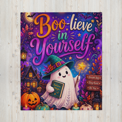 Boo-lieve in Yourself Velveteen Blanket - Ghost with Star Wand and Believe in Magic Book Dream Big Sign