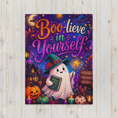 Boo-lieve in Yourself Velveteen Blanket - Ghost with Star Wand and Believe in Magic Book Dream Big Sign