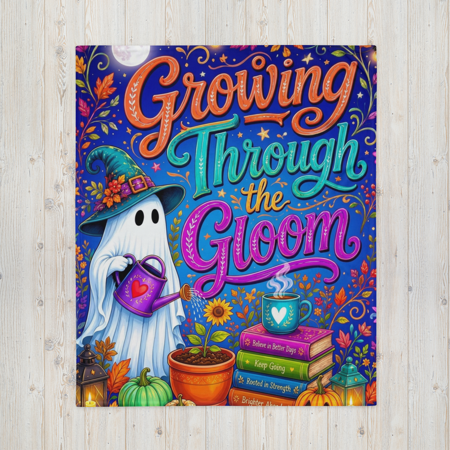 Growing Through the Gloom Velveteen Blanket - Ghost Watering Seedling with Believe in Better Days Books