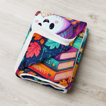 Stay Spooky Stay Cozy Velveteen Blanket - Ghost with Ghost Mug and Ghost Stories Book of Haunts Books