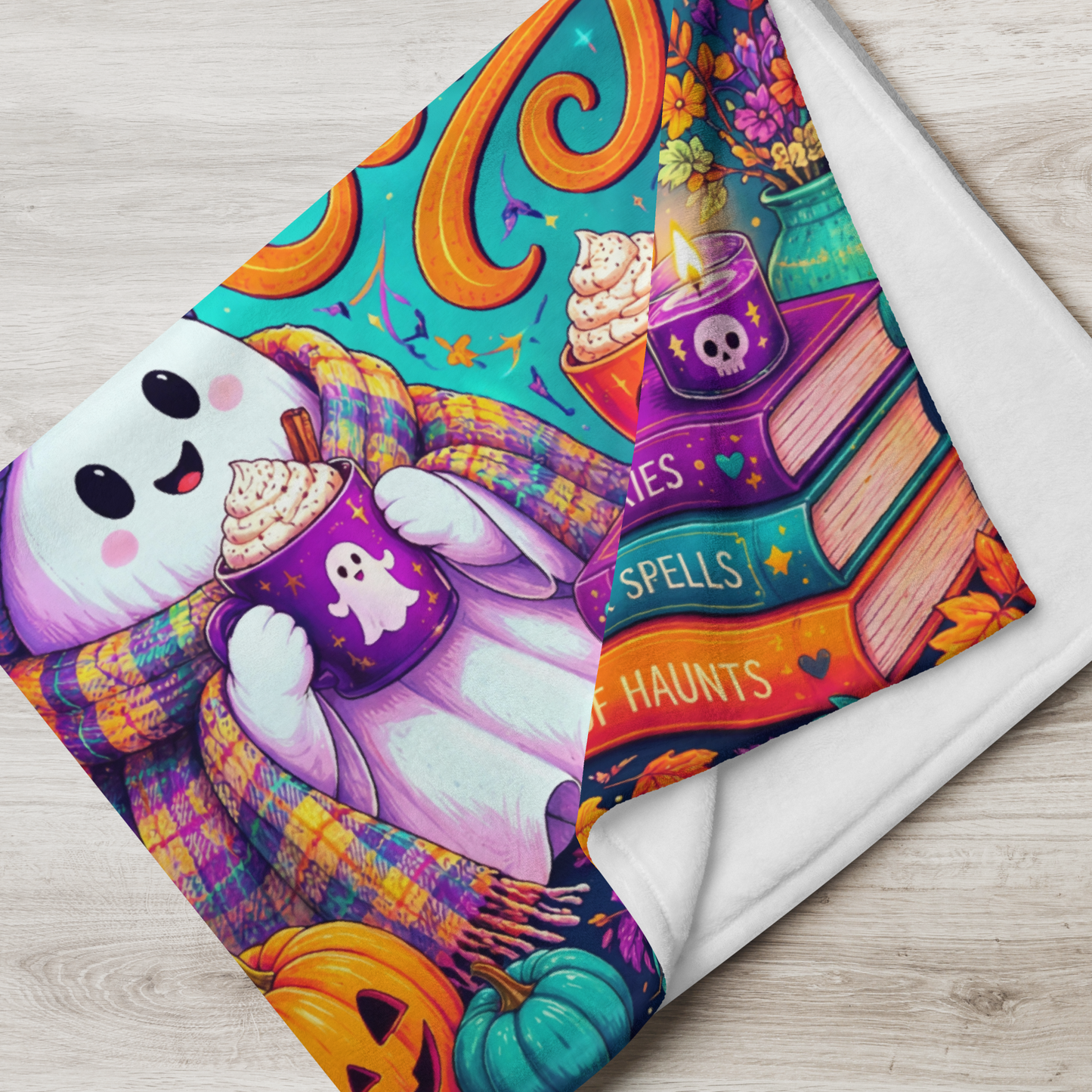 Stay Spooky Stay Cozy Velveteen Blanket - Ghost with Ghost Mug and Ghost Stories Book of Haunts Books