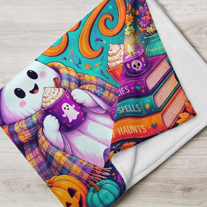 Stay Spooky Stay Cozy Velveteen Blanket - Ghost with Ghost Mug and Ghost Stories Book of Haunts Books