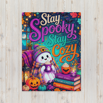 Stay Spooky Stay Cozy Velveteen Blanket - Ghost with Ghost Mug and Ghost Stories Book of Haunts Books