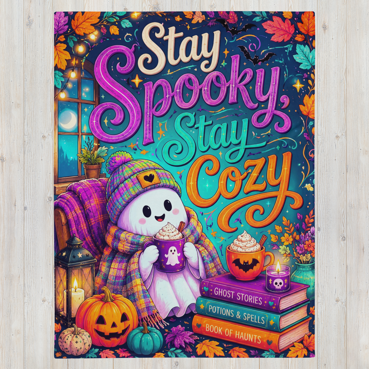 A colorful Halloween-themed blanket featuring the text 'Stay Spooky Stay Cozy' above a cozy ghost character sitting in a chair with pumpkins, candles, books, and fall leaves. The print is shown against a light wood background.