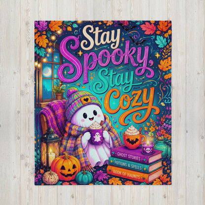 Stay Spooky Stay Cozy Velveteen Blanket - Ghost with Ghost Mug and Ghost Stories Book of Haunts Books