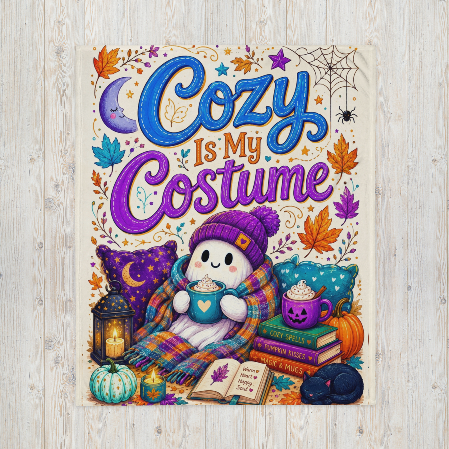 Cozy Is My Costume Velveteen Blanket - Ghost with Warm Heart Happy Soul Journal and Cozy Spells Books