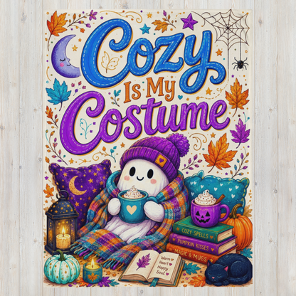 A cozy Halloween-themed blanket featuring a cute ghost character in a purple knit hat and plaid blanket, surrounded by pumpkins, candles, books, and decorative autumn leaves. The text reads 'Cozy Is My Costume' in large blue and purple lettering.