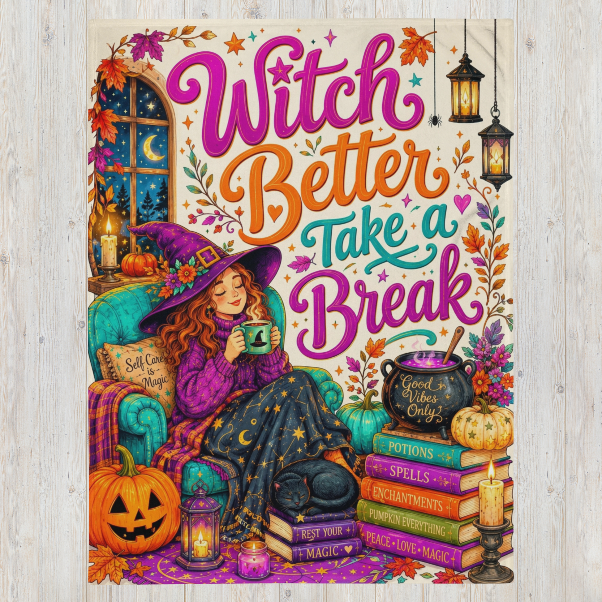 A colorful Halloween-themed blanket with the phrase 'Witch Better Take a Break' in large decorative lettering. The illustration shows a witch sitting in a teal armchair, reading a mug, with a cauldron, books, pumpkins, lanterns, and autumn leaves around her.