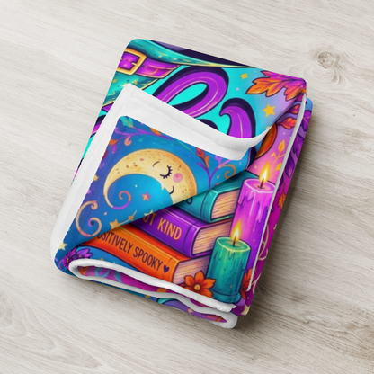 Too Ghoul for Negativity Velveteen Blanket - Ghost with Peace Sign and Good Vibes Spooky But Kind Books